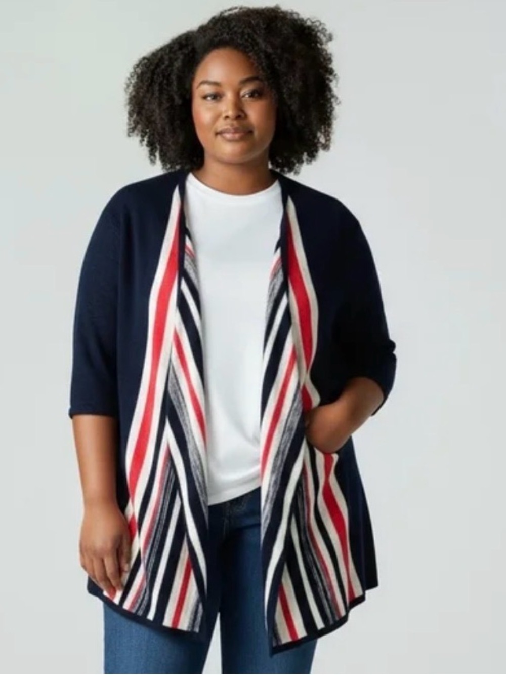 Catherines Woman’s Plus size 0X Americana Navy Striped Open Cardigan